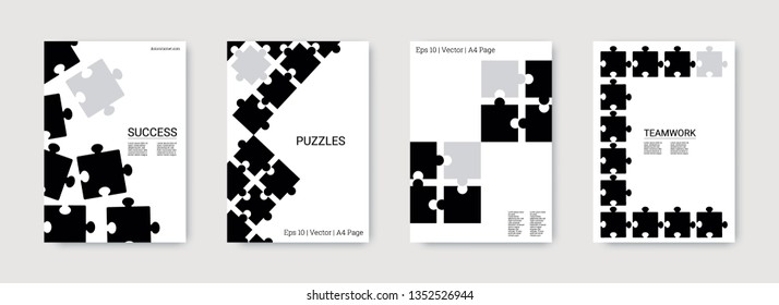 Puzzle covers. Minimal flyer. Annual report cover. Team connection idea. Office template. Layout in A4 size. Abstract rectangle puzzle background. Industrial engineering background design.