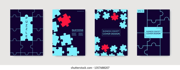 Puzzle covers. Stylish flyer. Team connection idea. Office template. Layout in A4 size. Abstract rectangle puzzle background. Annual report cover. Industrial engineering background design.