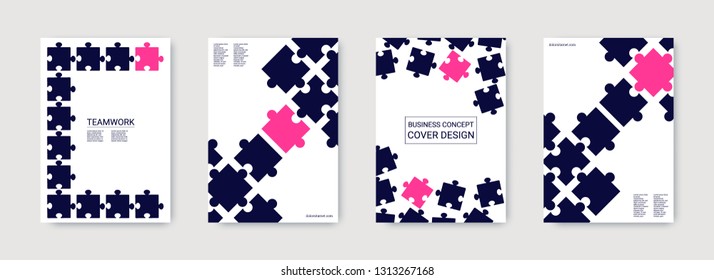 Puzzle covers. Team connection idea. Office template. Layout in A4 size. Abstract rectangle puzzle background. Annual report cover. Minimal flyer. Industrial engineering background design.