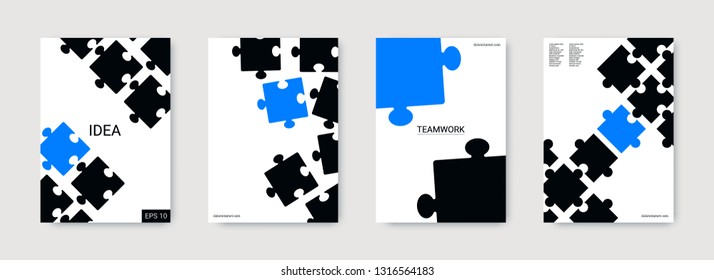 Puzzle covers. Team connection idea. Layout in A4 size. Pieces for infographics. Annual report cover. Stylish flyer. Industrial engineering background design. Blue, black business concept.