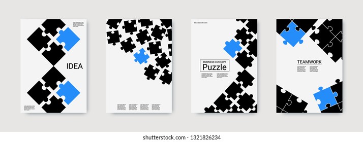 Puzzle covers. Team connection idea. Office template. Layout in A4 size. Vector illustration template shape. Annual report cover. Stylish flyer. Industrial engineering background design.