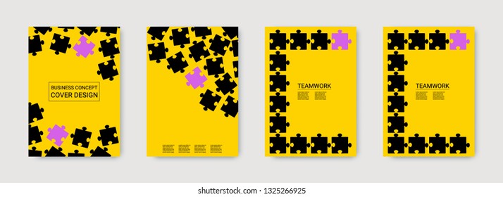 Puzzle covers. Team connection idea. Office template. Layout in A4 size. Jigsaw puzzle flyer. Annual report cover. Minimal flyer. Industrial engineering background design.