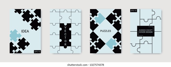 Puzzle covers. Team connection idea. Office template. Layout in A4 size. Puzzles pieces. Stylish flyer. Annual report cover. Industrial engineering background design.