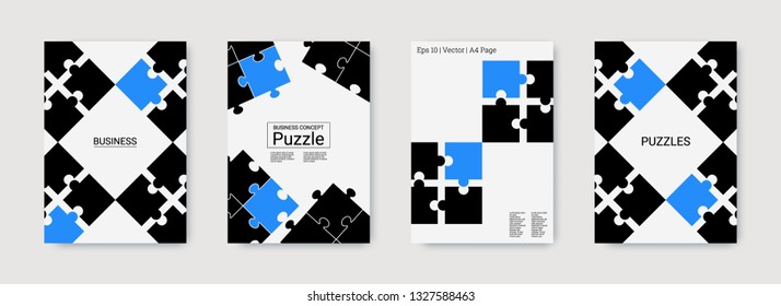 Puzzle covers. Team connection idea. Office template. Layout in A4 size. Banner presentation. Stylish flyer. Annual report cover. Industrial engineering background design.