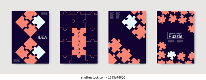 Puzzle covers. Team connection idea. Office template. Layout in A4 size. Abstract rectangle puzzle background. Annual report cover. Bright flyer. Industrial engineering background design.