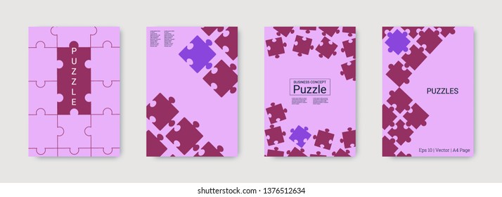 Puzzle covers. Team connection idea. Office template. Layout in A4 size. Vector illustration template shape. Trendy flyer. Annual report cover. Purple, pink industrial engineering background design.