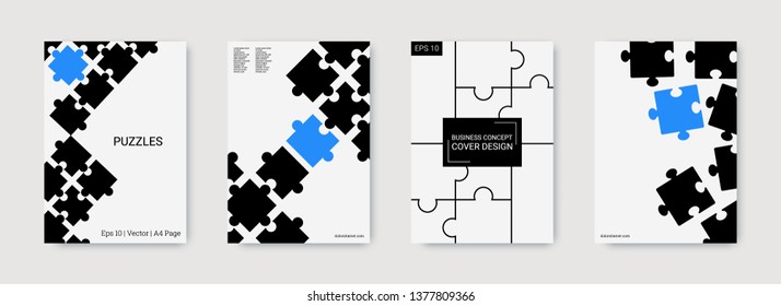 Puzzle covers. Team connection idea. Office template. Layout in A4 size. Jigsaw puzzle flyer. Bright flyer. Annual report cover. Blue, black industrial engineering background design.