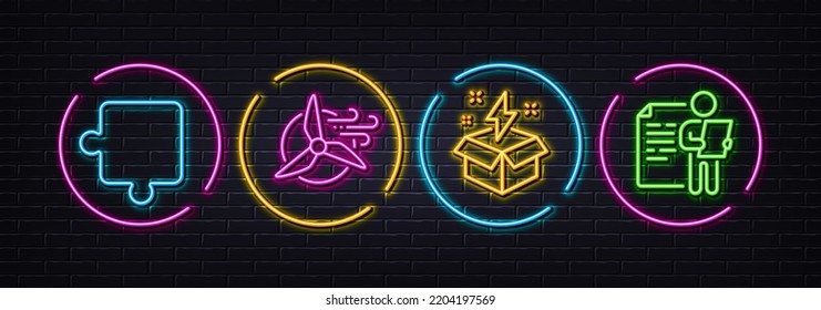 Puzzle, Creative idea and Windmill turbine minimal line icons. Neon laser 3d lights. Job interview icons. For web, application, printing. Puzzle piece, Lightning, Wind power. Cv file. Vector