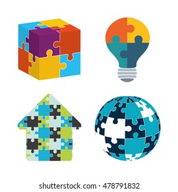 puzzle cube sphere arrow bulb teamwork support collaborative cooperation work icon set. Colorful design. Vector illustration