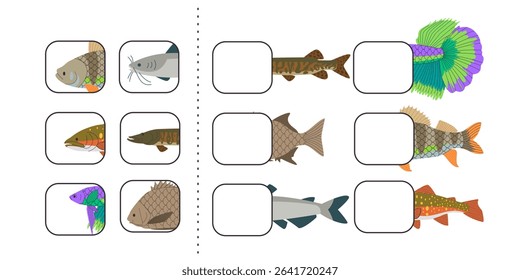 Puzzle cut out find and match animal fish education illustration printable material