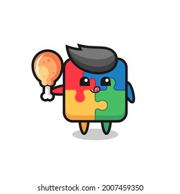 puzzle cute mascot is eating a fried chicken , cute style design for t shirt, sticker, logo element