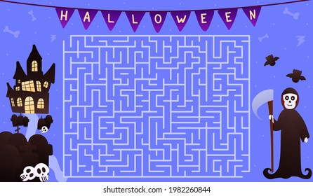 Puzzle with cute reaper, help to find right way to spooky house, halloween themed maze game for worksheet with skulls and cementry on blue background, kids labyrinth