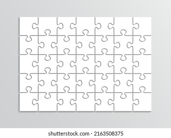 Puzzle cutting 7x5 grid. Thinking game with 35 separate pieces. Jigsaw outline template. Simple mosaic layout. Modern puzzle background. Laser cut frame. Vector illustration.