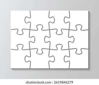 Puzzle cutting template with 12 separate details. Jigsaw mosaic silhouette pieces grid. Scheme of thinking game. Modern background with separate shapes. Simple frame tiles. Vector illustration