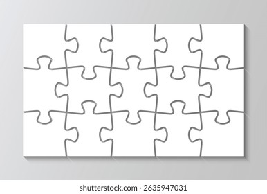 Puzzle cutting template. Jigsaw mosaic with 15 separate details, pieces grid. Scheme of thinking game. Modern background with separate shapes. Simple frame tiles. Vector illustration