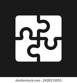 Puzzle dark mode glyph ui icon. Team cooperation. Idea and solution. User interface design. White silhouette symbol on black space. Solid pictogram for web, mobile. Vector isolated illustration