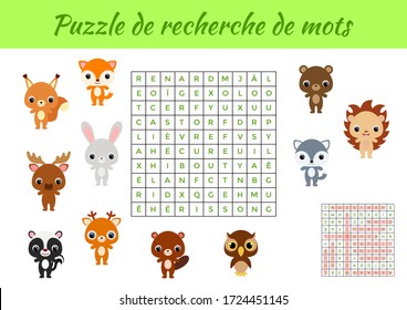 Puzzle de recherche de mots - Word search puzzle with pictures. Educational game for study French words. Kids activity worksheet colorful printable version. Includes answers. Vector stock illustration