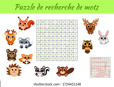 Puzzle de recherche de mots - Word search puzzle with pictures. Educational game for study French words. Kids activity worksheet colorful printable version. Includes answers. Vector stock illustration