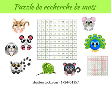 Puzzle de recherche de mots - Word search puzzle with pictures. Educational game for study French words. Kids activity worksheet colorful printable version. Includes answers. Vector stock illustration