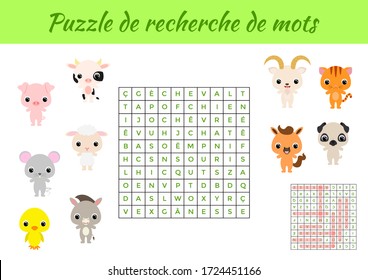 Puzzle de recherche de mots - Word search puzzle with pictures. Educational game for study French words. Kids activity worksheet colorful printable version. Includes answers. Vector stock illustration