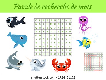 Puzzle de recherche de mots - Word search puzzle with pictures. Educational game for study French words. Kids activity worksheet colorful printable version. Includes answers. Vector stock illustration