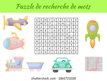 Puzzle de recherche de mots - Word search puzzle with pictures. Educational game for study French words. Kids activity worksheet colorful printable version. Includes answers. Vector stock illustration