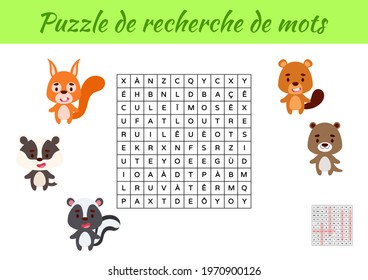 Puzzle de recherche de mots - Word search puzzle with pictures. Educational game for study French words. Kids activity worksheet colorful printable version. Includes answers. Vector stock illustration