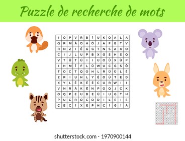 Puzzle de recherche de mots - Word search puzzle with pictures. Educational game for study French words. Kids activity worksheet colorful printable version. Includes answers. Vector stock illustration