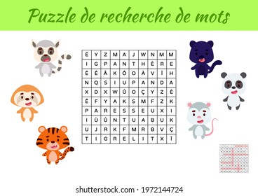 Puzzle de recherche de mots - Word search puzzle with pictures. Educational game for study French words. Kids activity worksheet colorful printable version. Includes answers. Vector stock illustration