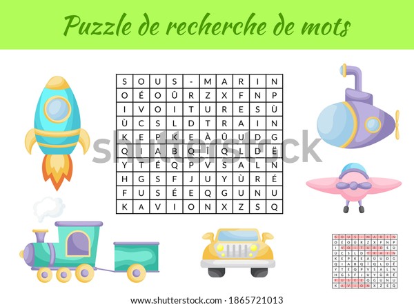 Puzzle de recherche de mots - Word search\
puzzle with pictures. Educational game for study French words. Kids\
activity worksheet colorful printable version. Includes answers.\
Vector stock\
illustration