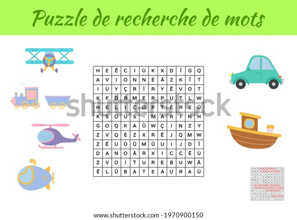 Puzzle de recherche de mots - Word search\
puzzle with pictures. Educational game for study French words. Kids\
activity worksheet colorful printable version. Includes answers.\
Vector stock\
illustration