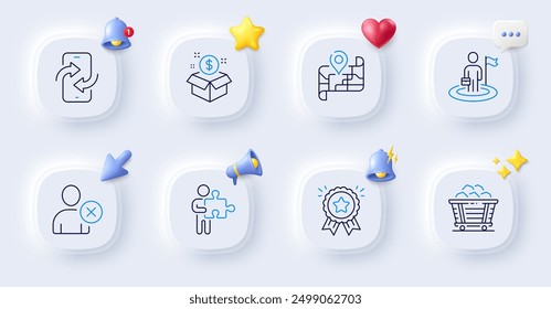 Puzzle, Delete user and Phone transfer line icons. Buttons with 3d bell, chat speech, cursor. Pack of Loyalty award, Map, Leadership icon. Coal trolley, Post package pictogram. Vector