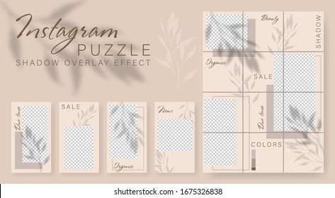 Puzzle Design backgrounds for social media stories, post banner. Set stories and post frame templates. Vector cover. Mockup for personal blog or shop. Shadow overlay effect Endless square puzzle