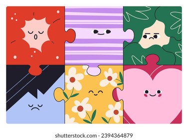 Puzzle design with different cute faces, funny characters. Creative jigsaw with emotions, happy and sad, positive and negative expression. Colored flat vector illustration isolated on white background