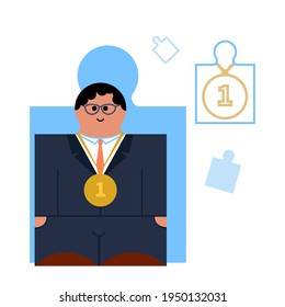 Puzzle detail - man figure with suit and success medal. Winner, business evaluation, satisfaction concept. Cubism, geometric, minimal style vector illustration.