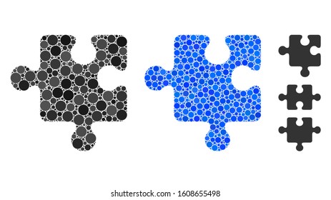 Puzzle detail mosaic of filled circles in different sizes and color hues, based on puzzle detail icon. Vector filled circles are organized into blue collage.
