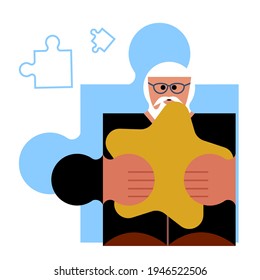 Puzzle detail - senior man with success star. Business evaluation, satisfaction concept. Cubism, geometric, minimal style vector illustration.