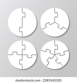 Puzzle details with 2, 3, 4 and 5 pieces. Cutting templates collection with details. Set of circle jigsaw grids. Scheme for thinking game. Simple mosaic background. Frame tiles. Vector illustration