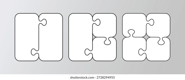 Puzzle details with 2, 3 and 4 pieces. Scheme for thinking game. Set jigsaw grids. Cutting templates collection with details. Simple mosaic background. Frame tiles. Vector illustration