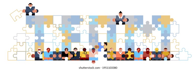 
Puzzle with details people figures. Team - Word from details puzzle.  Multiethnic people group stand together. Team and teamwork. Business. Friendship. Cubism, geometric, minimal style.