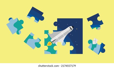 Puzzle and its details with a space shuttle