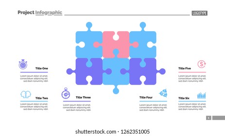 Puzzle diagram with six elements. Cycle chart, graph, layout. Creative concept for infographics, presentation, project, report. Can be used for topics like business, workflow, strategy.