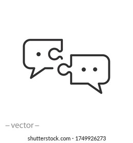 puzzle dialogue icon, partner conversation, thin line symbol on white background- editable stroke vector illustration eps10