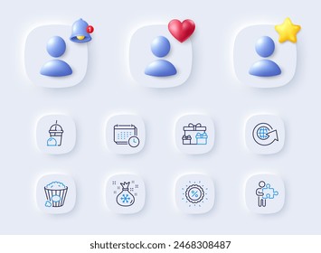 Puzzle, Discount and World globe line icons. Placeholder with 3d bell, star, heart. Pack of Popcorn, Santa sack, Calendar icon. Surprise boxes, Ice cream milkshake pictogram. Vector