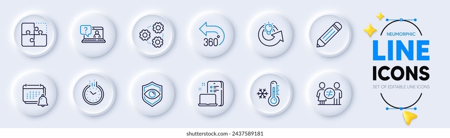 Puzzle, Discrimination and Low thermometer line icons for web app. Pack of Gears, Eye detect, Time pictogram icons. 360 degrees, Faq, Share idea signs. Pencil, Notification, Device. Vector
