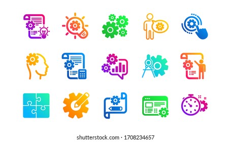 Puzzle, herramienta Dividers y plan Architect. Iconos de ingeniería. Conjunto de iconos clásicos de ingeniero. Patrones de degradado. Señales de calidad. Vector