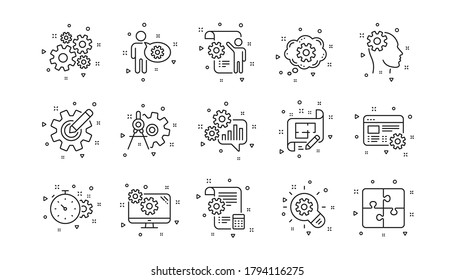 Rompecabezas, herramienta Divisores y plan Arquitecto. Iconos de línea de ingeniería. Conjunto de iconos lineales del ingeniero. Elementos geométricos. Señales de calidad. Vector