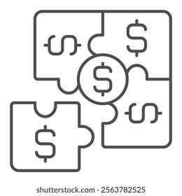 Puzzle with dollar piece thin line icon, money trouble concept. Vector graphics. Logic game bar sign on white background, outline style icon for mobile or web design