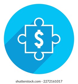 Puzzle und Dollar Schild. flaches Symbol. lange Schattengestaltung. blauer Hintergrund.