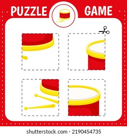 Puzzle educational game for kids. Cutting practice. Cut and glue drum. Education developing worksheet. Activity page.